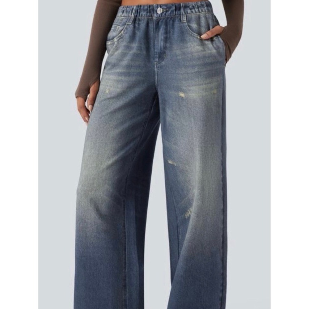 Halara Womens Wide Leg Sweatpant Jeans Large Distressed Denim Look Blue